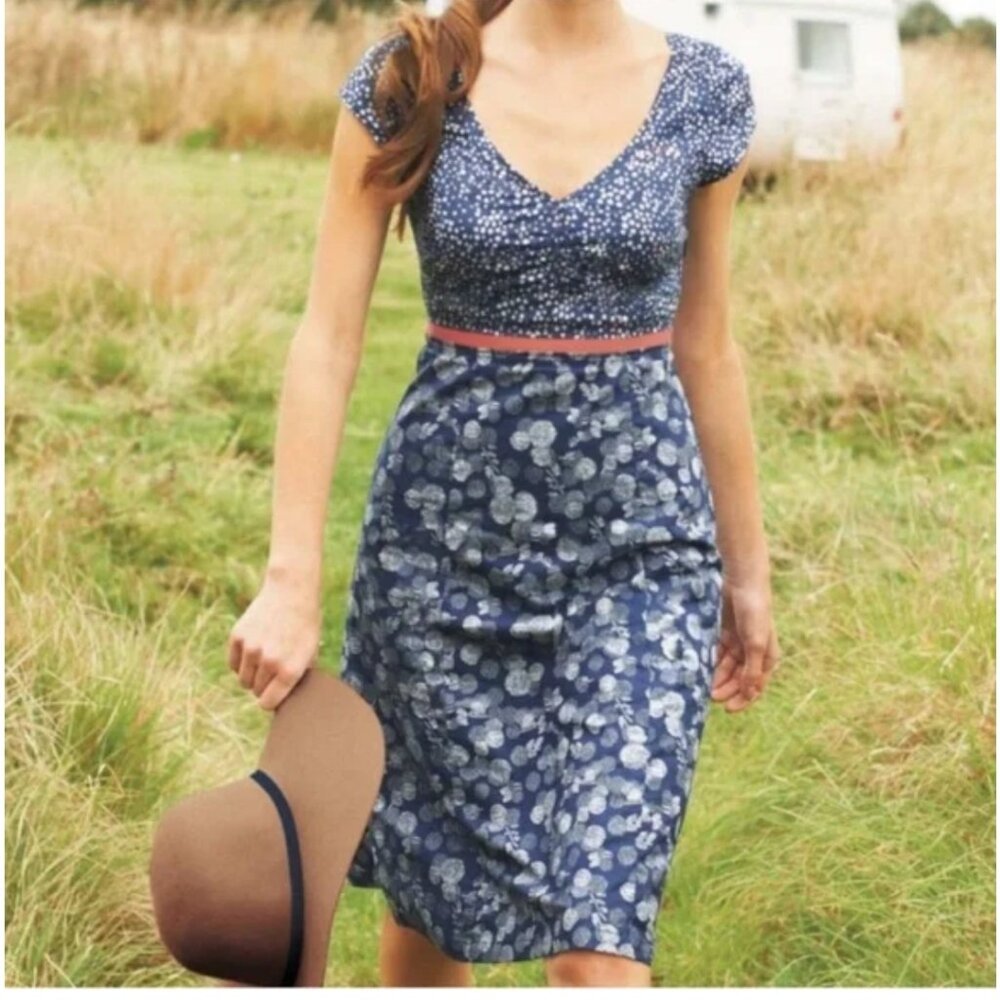 Boden HotchPotch Denim Blue and White Print Dress